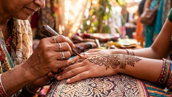 Mujer de nacionalidad india haciendo un tatuaje temporal con henna en la mano de una joven.
