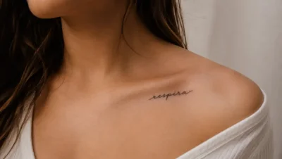 Palabra manuscrita en tatuaje minimalista en tendencia para mujer sobre la clavícula.